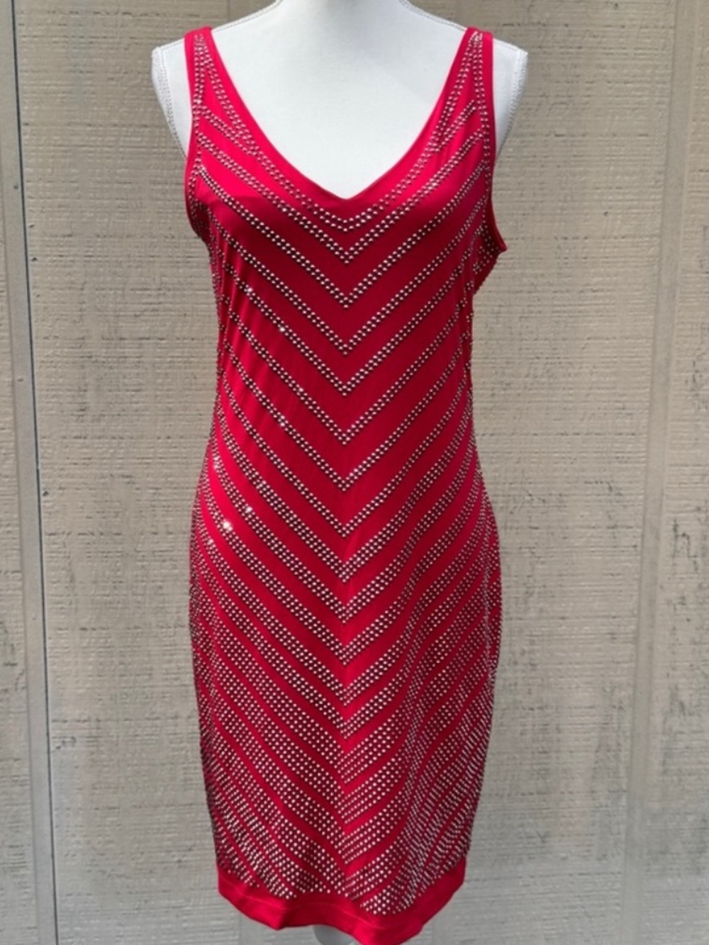 Cache Red Sleeveless V-Neck Embellished Sheath Dress